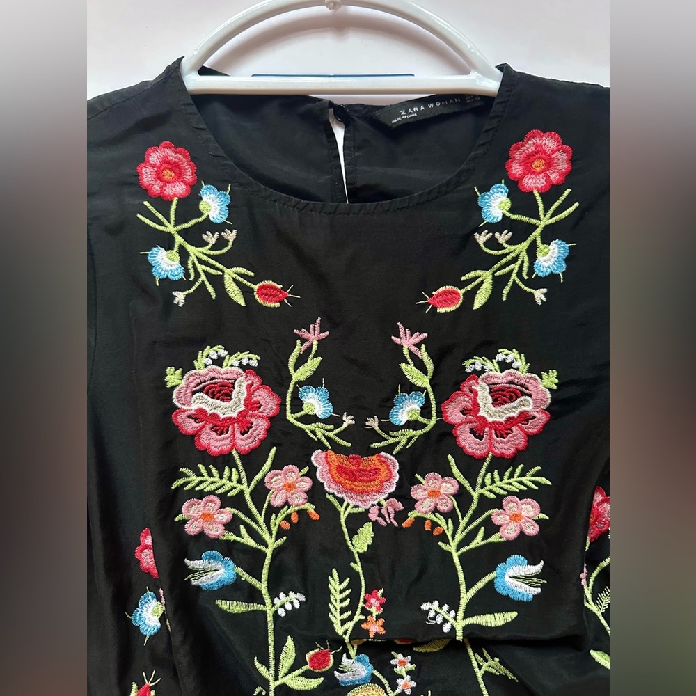 Zara Long Sleeve Embroidered Floral Mini Dress size S Black/ Multi - Picture 4 of 13